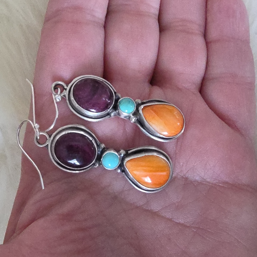 Beautiful Native American Navajo Handmade Turquoise & Spiny Earrings 🩵💜🧡🌅🎁 - Picture 7 of 10